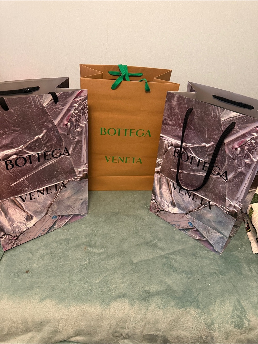 Bottega Veneta Brown Bag with Green Logo and Metallic Pink Patterned Bags